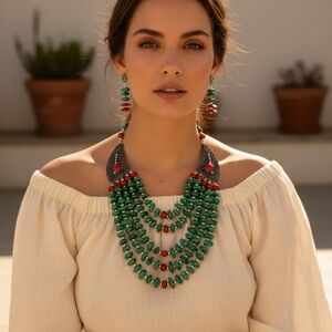 Vibrant Green and Red Beaded Necklace Set